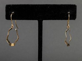 Italian 14K yellow gold undulating flat hoop earrings with French wire hook closures, marked "14Kt / Italy / 1758 AR (hallmark of Golden Clef Internat