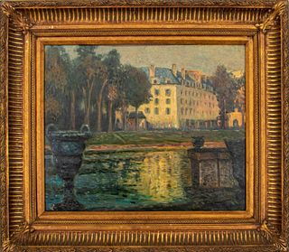 French Neoclassical style oil on canvas depicting a park scene with 'Mansard' buildings to back, signed "C. Rose" to lower right, small tears to canva