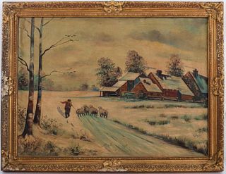Welsch (American, XX) oil on canvas depicting a winter landscape with farmer and sheep, signed to lower right, canvas in distress condition, housed in