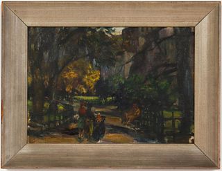 American School oil on canvas panel painting depicting figures in park, unsigned. Image: 9.25" H x 13.25" W; frame: 13.25" H x 17.25" W x 1.25" D.