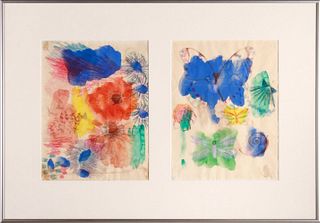 American Folk Art watercolor and crayon on paper diptych depicting flowers and insects, 20th century. Image: 10.5" H x 8" W each; frame: 16.75" H x 24