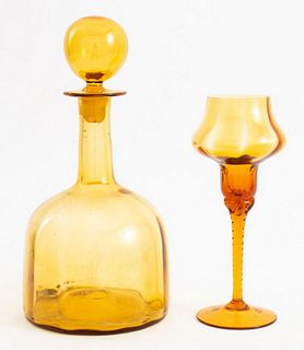 Murano manner amber art glass studio decanter with stopper and stemmed glass, apparently unsigned. Larger: 12" H x 6" Diameter