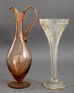 Murano manner amber art glass studio decanter or carafe together with hand blown smoke glass vase, apparently unsigned. Larger: 12" H x 6" Diameter