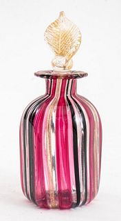 Murano glass diminutive flacon or perfume bottle, likley Salviati Arte, with magenta, copper, and black strie optic sides, and gold-flecked leaftip-fo
