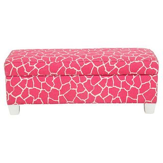 Modern contemporary ottoman bench, upholstered in a pink and white giraffe print on canvas, made by the Charles Stewart Company in Hickory NC, include