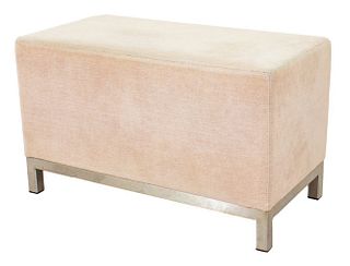 Small modern contemporary ottoman, upholstered in white chenille, on a steel structure, unmarked. 17" H x 28" W x 14" D.