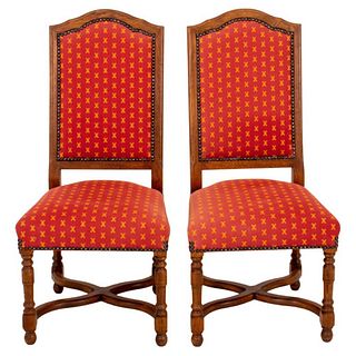 Pair of French Louis XIII style provincial upholstered side chairs, raised on turned legs joined by stretchers. 46" H x 21" W x 24" D; seated: 19".