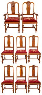 Gilded age turn of the century "Colonial Revival" dining chairs, 8, and comprising six sides and two arm chairs, with arched crestrail and acanthus-ap