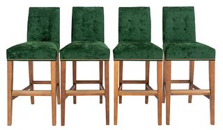 Mitchell Gold & Bob Williams set of four green velvet upholstered bar stools, with tufted back, raised on wooden square tapered legs jointed by stretc