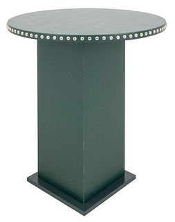 Modern high top table. upholstered in textured green vegan leather with a studded edge, unmarked. 42.25" H x 40" in diameter.