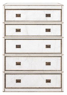 Restoration Hardware "Marseilles" ebonized wood tall five drawer dresser wrapped in white buffalo leather rimmed with hundreds of hand-hammered studs,
