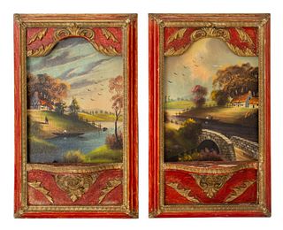 Pair of Italian Baroque revival landscape, each signed "Morezzo" to lower right, housed in a carved gilt wood frame forming shelf. Each: image: 12.5" 