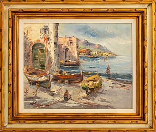 Oil on canvas depicting Italian harbor town view with fishing boats, signed "Mario" to lower left, housed in a carved giltwood frame. Image: 15.5" H x