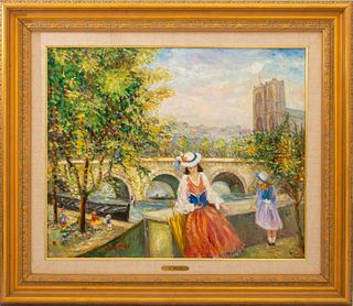Christie Milo (French, active XX) Parisian scene oil on canvas depicting a bridge crossing the Seine with Notre-Dame on background in a impressionism 