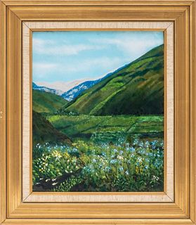 Modern contemporary enamel mixed media on metal painting depicting a lush hilly landscape with gold dust flecks throughout, with a linen border and ho