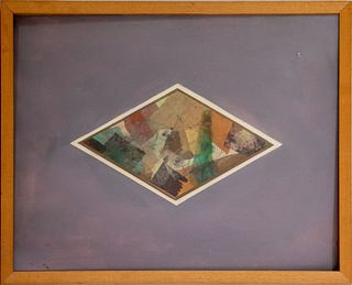 Sam Ladenson (American, b. 1927), abstract diamond-shaped mixed-media collage affixed to a sheet of paper, painted by the artist, signed in pencil. Im