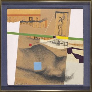 G. Goldfine signed abstract mixed media on board, 1970, composed of charcoal drawing, pencil drawing, and collaged elements including colorful shapes 