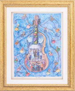 3D Mixed Media depicting a weeding celebration by Ketti Camus (Israeli XX-XXI) housed in a silver tone wood frame. Image 22" H x 16" W; frame: 31.5" H