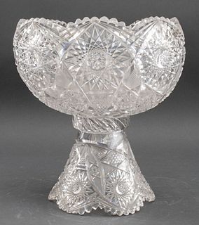 Waterford Style cut-crystal two-piece punchbowl, apparently unmarked, th the round bowl with typical cut decoration, with punt to underside locking wi