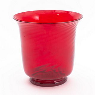 Frederick Carder (English, 1863-1963) for Steuben ruby red optic swirl vase, design number 6030, with flaring lip, swirled glass body and foot. 6.75" 