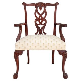 Philadelphia Chippendale style mahogany armchair with shaped crest rail above openwork leaf-carved backsplat with scrolling foliate-carved arms above 