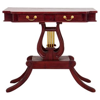 Late George III or Regency style sofa table, with shaped rectangular top above two short drawers, on a lyre-shaped support above four acanthus carved 