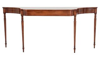 American Sheraton Style large inlaid mahogany console table table raised on turned tapered legs, having shaped top. 35.5" H x 79" W x 20" D.