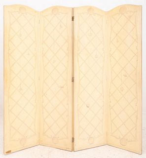 Louis XVI manner trompe l'oeil faux architectural four panel screen, each painted in the style of wood paneling or boiseries. 66" H x 17.75" W (each p