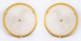 Pair of Vaughan brushed brass flush mount ceiling light fixtures, Greek key motif along plate, frosted glass with etched stars, circa twentieth centur