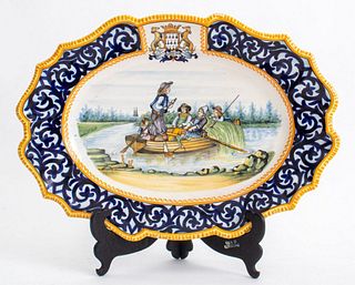 Henriot Quimper French Brittany ceramic oval serving plate with lake scene depicting a family on a boat, surmounted by "A ma vie" coat of arms, signed