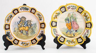 Pair of Henriot Quimper faience French ceramic hand-painted decorative plates, one early 20th century and one later, both marked. 9.5" in diameter.