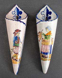Quimper Malicorne Pouplard-Beatrix assembled pair of French ceramic wall vases, depicting facing man and woman in traditional Brittany costumes, signe