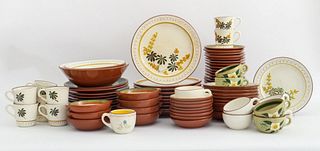Strangl mixed pattern pottery service comprising (89) eighty-nine various pieces including dining plates, dessert plates, coffee cups, saucers, salad 