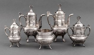 Hartford Manufacturing Company quadruple plated silverplate Aesthetic Movement five-piece tea and coffee service, circa 1880, in the Japonisme taste, 