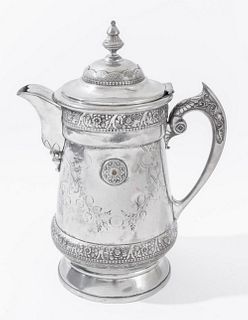 Wilcox Silverplate Aesthetic style thermal water pitcher, 1878-1890s, in the Persian taste with cast geometric and floral borders, the body with incis