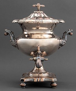 Regency style silver plated copper hot water server or samovar, apparently unmarked, in the Sheffield manner with floral finial above lobed round top,