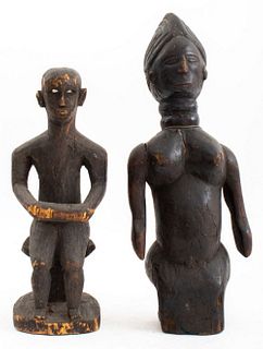 African carved wood sculptures, 2, likely Fang or Ngumba peoples, Gabon. 18" H x 7" W x 5" D.