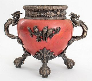 Japanese silvered metal mounted enameled censer bowl, with egg and dart and foliate cast collar, the vasiform body enameled a raspberry red, mounted w