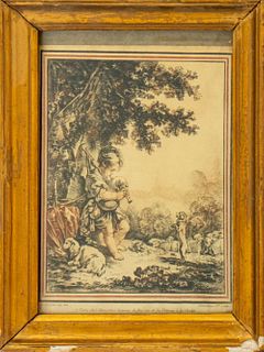 After Francois Boucher (French, 17.3 - 1770), "Sherpard Boy Playing Bagpipes," engraving on laid paper, inscribed "F. Boucher inv. del. / A Paris ches