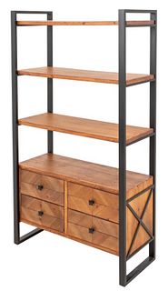 Industrial loft style bookcase have ebonized metal frame and wooden shelves upon four drawers. 63.5" H x 36.25" W x 14.5" D.