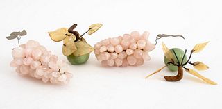 Chinese hardstone altar fruits, a group of four, with two silver leafed bunches of grapes in pink quartz, a jade apple and a jade plum, each with brow