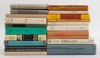 Twenty books on Ceylon (now Sri Lanka) interest, including: a photo album full of period postcards, "Ceylon: An Introduction to the 'Resplendent Land'