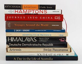 Eleven world travel reference books, including "Himalayas" by Blanche C. Olschak, Augusto Gansser, and Emil Buhner, "Deutsche Demokratischer Republik,