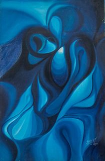 Jorge Vargas, abstract oil on canvas depicting free form in blue tone signed and dated "Jorge V.S. / N.Y. 10/12/68" to lower right, unframed. 30" H x 