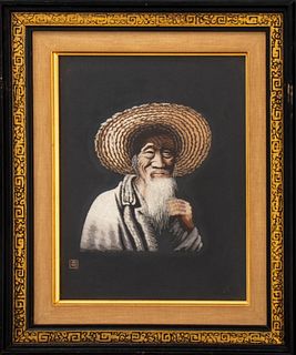 Chinese silk embroidery portrait of an elderly man, housed under glass in an ebonized and gilt wood frame. Image: 10.25" H x 7.75" W; frame: 15" H x 1