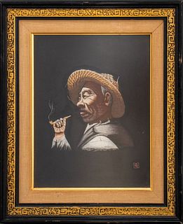 Chinese silk embroidery portrait of a man smoking a pipe, housed under glass in an ebonized and gilt wood frame. Image: 10.5" H x 7.75" W; frame: 14.7