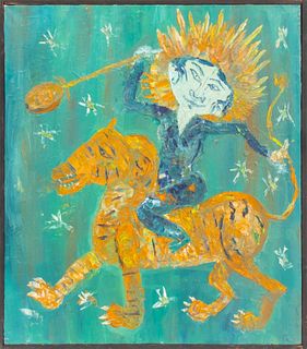 Central Asian oil on canvas, depicting an Indian warrior on tiger, illegibly signed to verso, circa 1997, housed in an ebonized wood frame. Image: 22"