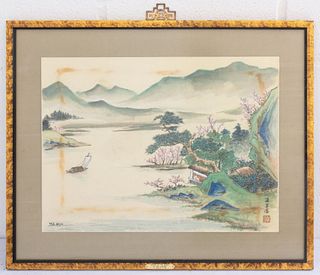 M.E. Wien (Mortimer E. Wien, American, 1896 - 1992) "Spring On the Banks of the Yangtse" Watercolor on silk in the Chinese manner, with pseudo-calligr