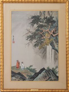 M.E. Wien (Mortimer E. Wien, American, 1896 - 1992) "A Chinese Mountain Scene," watercolor on paper in the Chinese manner, with pseudo-calligraphy and