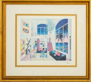 Francois Ledan (Fanch) (French, b. 1949) offset lithograph depicting an interior scene with palm trees and ocean landscape seen outside two windows, s